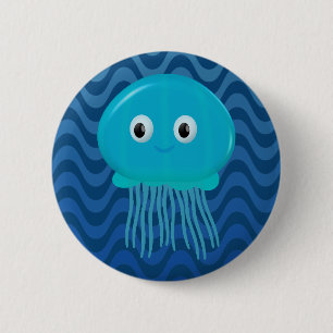 Cute Cartoon Jellyfish In Blue Waves 6 Cm Round Badge