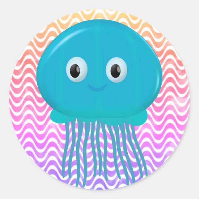 Cute Cartoon Jellyfish In Colourful Ocean Classic Round Sticker (Front)