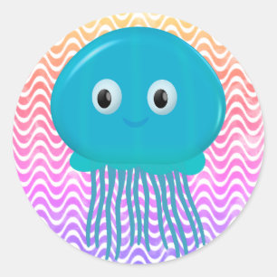 Cute Cartoon Jellyfish In Colourful Ocean Classic Round Sticker