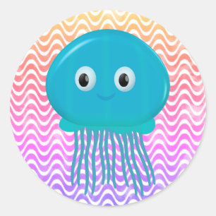 Cute Cartoon Jellyfish In Colourful Ocean Classic Round Sticker