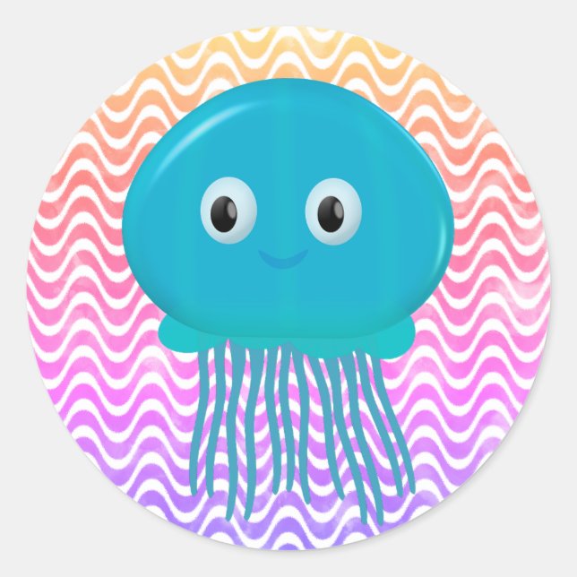 Cute Cartoon Jellyfish In Colourful Ocean Classic Round Sticker (Front)