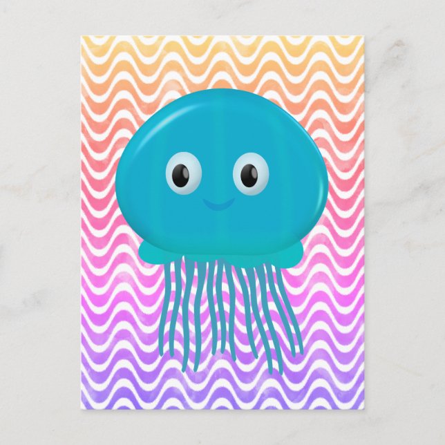 Cute Cartoon Jellyfish In Colourful Ocean Postcard (Front)