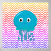 Cute Cartoon Jellyfish In Colourful Ocean