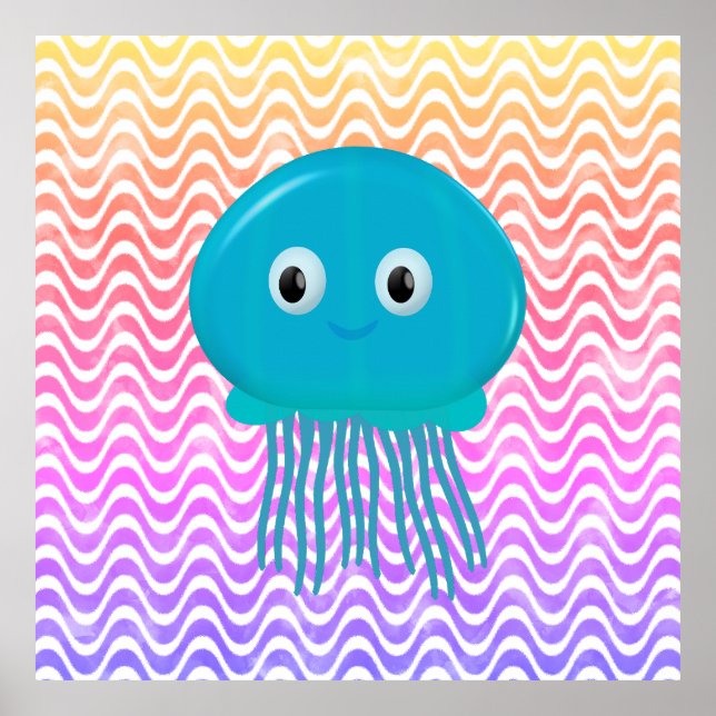 Cute Cartoon Jellyfish In Colourful Ocean Poster (Front)
