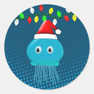Cute Cartoon Jellyfish Santa Hat Christmas Lights Classic Round Sticker