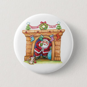 Cute Cartoon Jolly Santa Claus Coming Down Chimney 6 Cm Round Badge