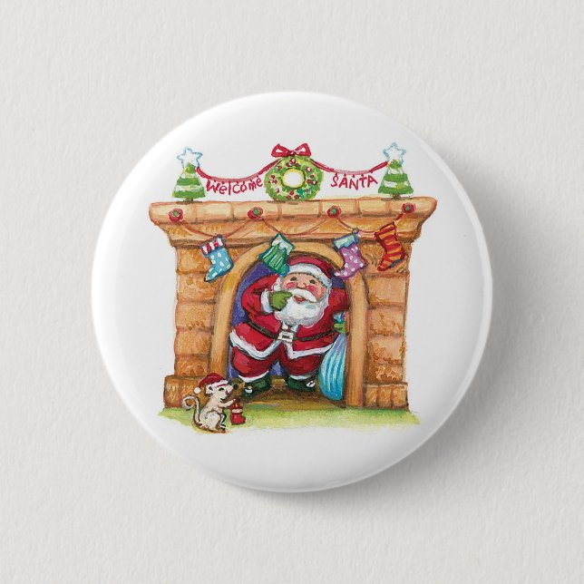 Cute Cartoon Jolly Santa Claus Coming Down Chimney 6 Cm Round Badge (Front)