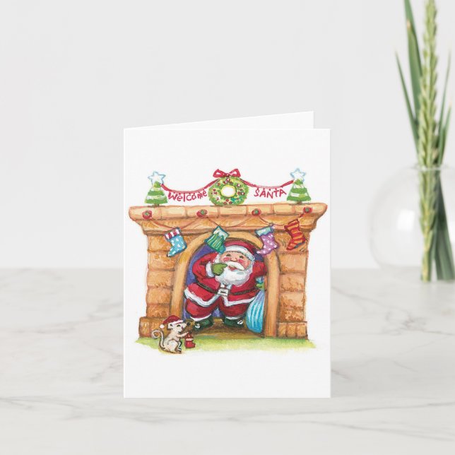Cute Cartoon Jolly Santa Claus Coming Down Chimney Holiday Card (Front)