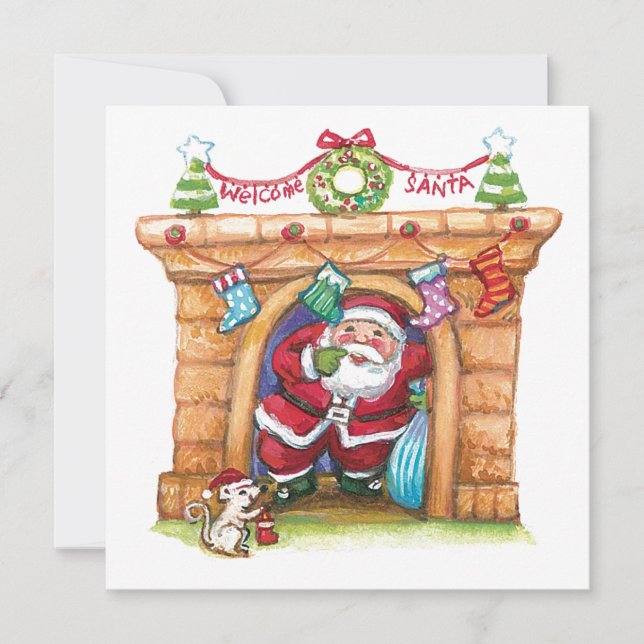 Cute Cartoon Jolly Santa Claus Coming Down Chimney Holiday Card (Front)
