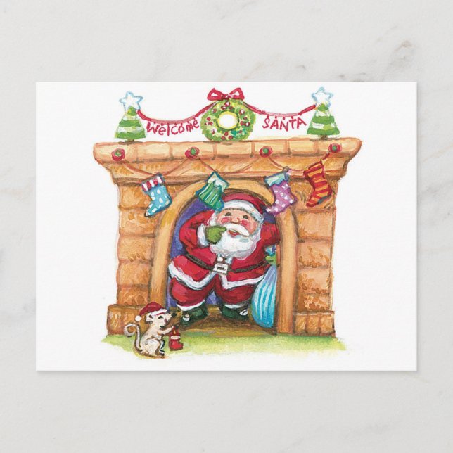 Cute Cartoon Jolly Santa Claus Coming Down Chimney Holiday Postcard (Front)