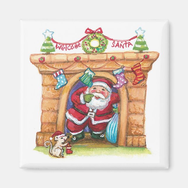 Cute Cartoon Jolly Santa Claus Coming Down Chimney Magnet (Front)