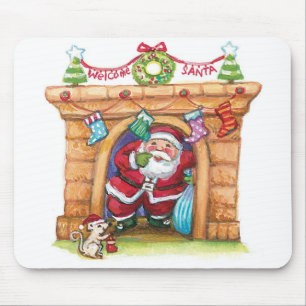 Cute Cartoon Jolly Santa Claus Coming Down Chimney Mouse Mat