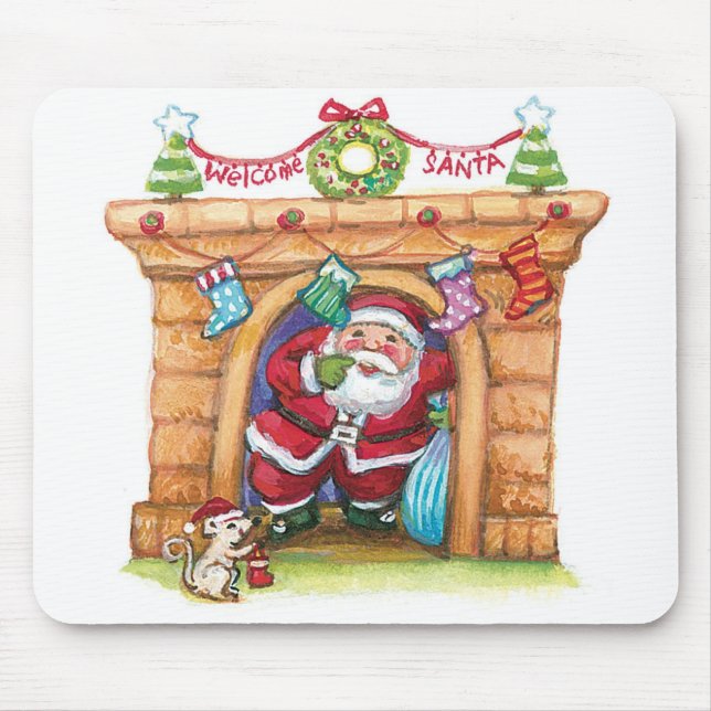 Cute Cartoon Jolly Santa Claus Coming Down Chimney Mouse Mat (Front)