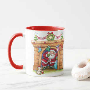 Cute Cartoon Jolly Santa Claus Coming Down Chimney Mug