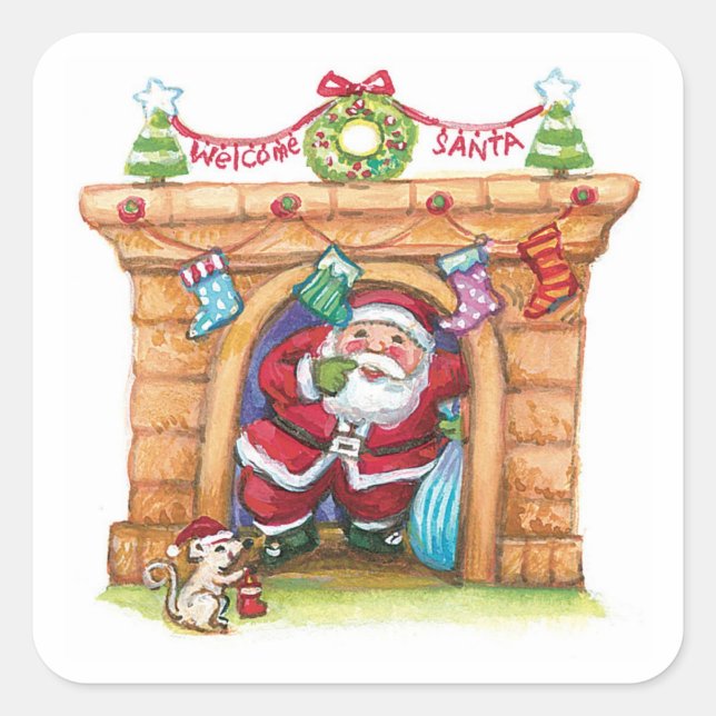 Cute Cartoon Jolly Santa Claus Coming Down Chimney Square Sticker (Front)