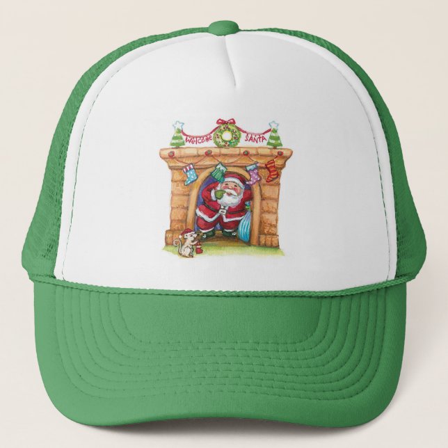 Cute Cartoon Jolly Santa Claus Coming Down Chimney Trucker Hat (Front)