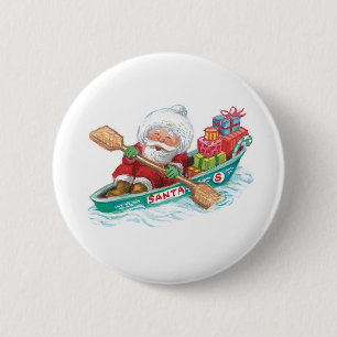 Cute Cartoon Jolly Santa Claus in a Row Boat 6 Cm Round Badge