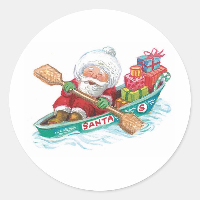 Cute Cartoon Jolly Santa Claus in a Row Boat Classic Round Sticker (Front)