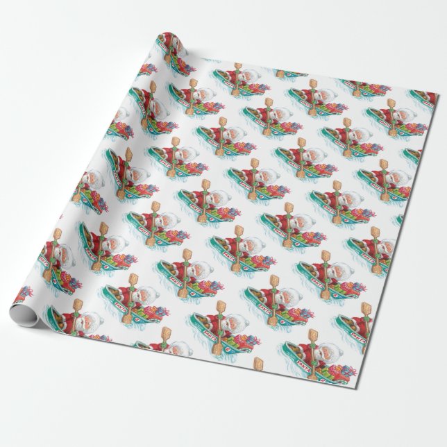 Cute Cartoon Jolly Santa Claus in a Row Boat Wrapping Paper (Unrolled)