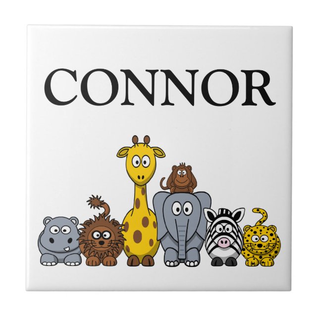 Cute Cartoon Jungle Animals Boy's Name Gift Tile (Front)