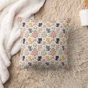 Cute Cartoon Jungle Cats and Flowers Cushion