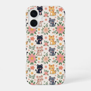 Cute Cartoon Jungle Cats and Flowers iPhone 16 Case