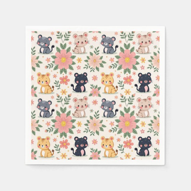 Cute Cartoon Jungle Cats and Flowers Napkin (Front)