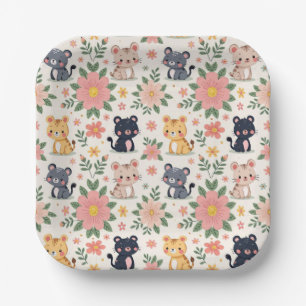 Cute Cartoon Jungle Cats and Flowers Paper Plate