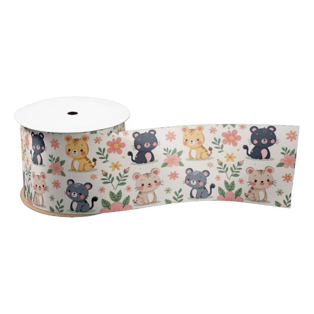 Cute Cartoon Jungle Cats and Flowers Satin Ribbon (Spool)