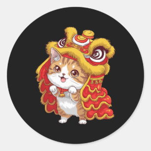 Cute Cartoon Kawaii Cat Lion Dancing Chinese New Y Classic Round Sticker