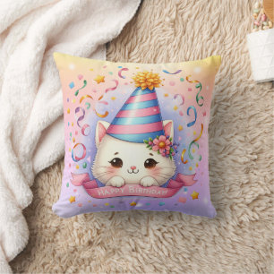 Cute Cartoon Kawaii Kitty Cat Happy Birthday Cushion