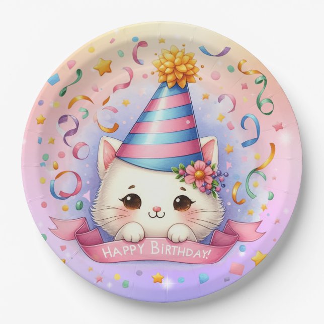 Cute Cartoon Kawaii Kitty Cat Happy Birthday  Paper Plate (Front)