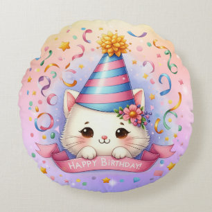 Cute Cartoon Kawaii Kitty Cat Happy Birthday Round Cushion