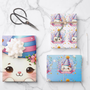 Cute Cartoon Kawaii Kitty Cat Happy Birthday  Wrapping Paper Sheet