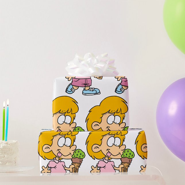 Cute Cartoon Kid Eating Ice Cream Cone Wrapping Paper (Creator Uploaded)