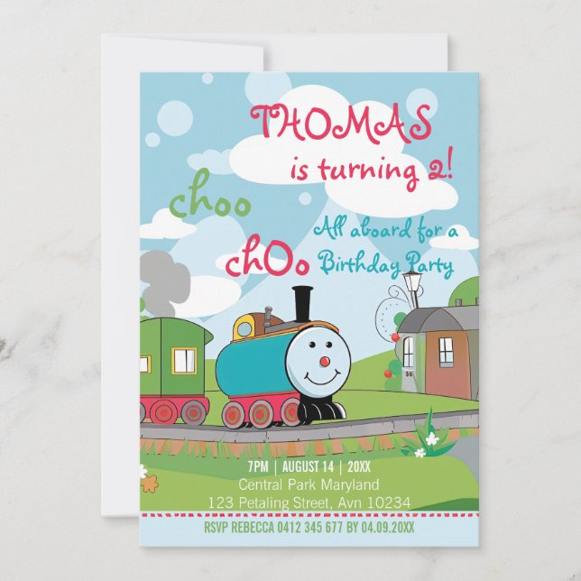 Cute Cartoon Kids Vibrant Colour Train Birthday Invitation (Front)