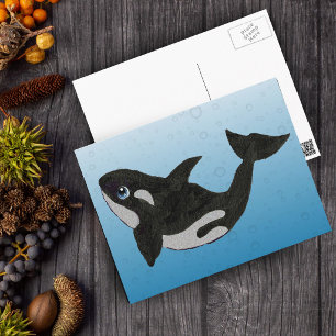 Cute Cartoon Killer Whale on Blues Water Bubbles Postcard