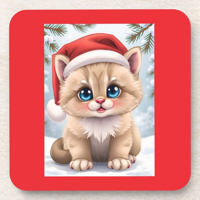 Cute cartoon kitten Christmas fun Coaster (Front)