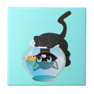 Cute Cartoon Kitten, Fish and bowl Tile