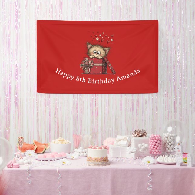 Cute Cartoon Kitten in a Box with Hearts Birthday Banner (Party)