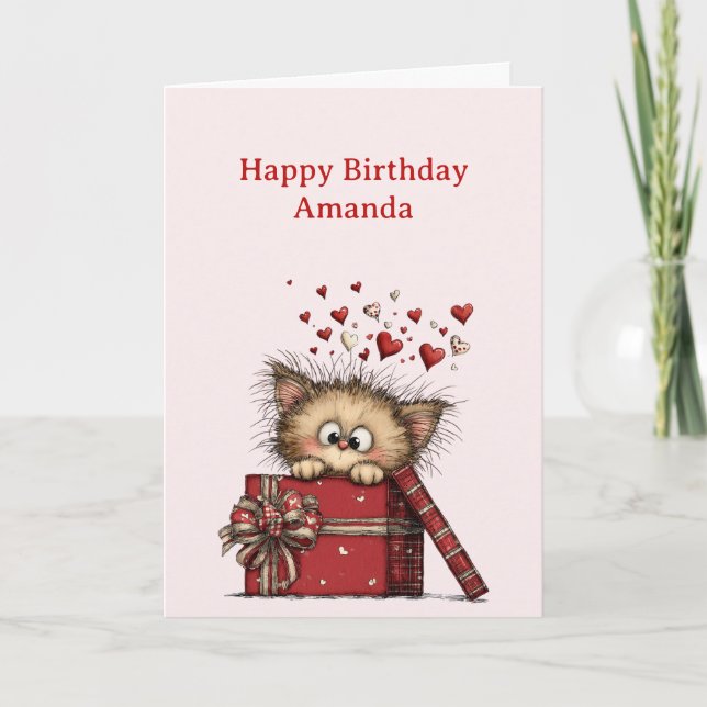 Cute Cartoon Kitten in a Box with Hearts Birthday Card (Front)