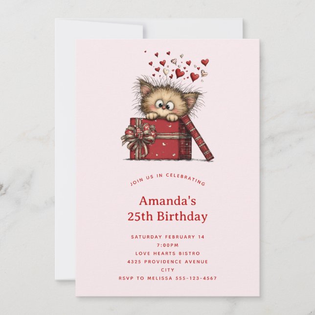Cute Cartoon Kitten in a Box with Hearts Birthday Invitation (Front)