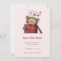 Cute Cartoon Kitten in a Box with Hearts Birthday