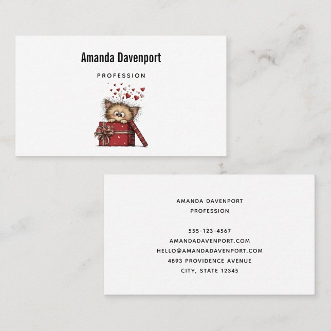 Cute Cartoon Kitten in a Box with Hearts Business Card (Front/Back)