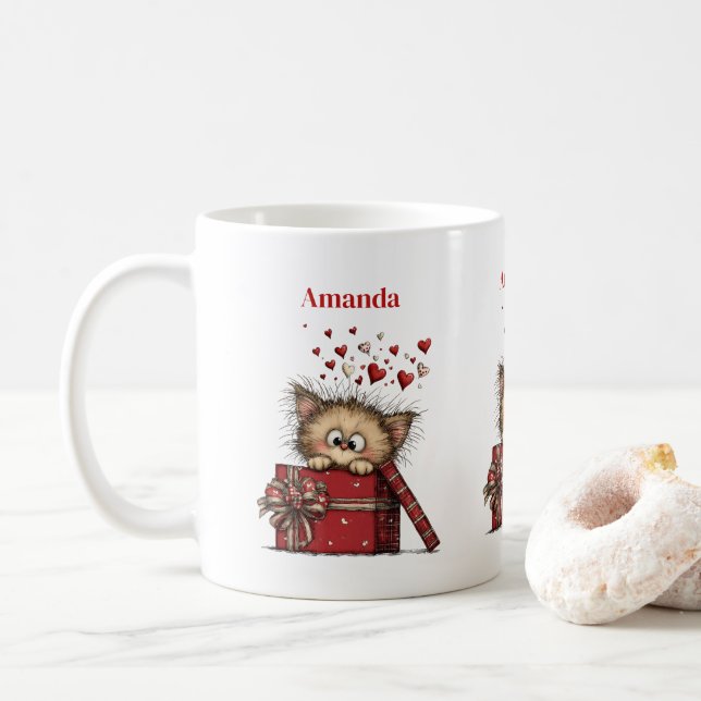 Cute Cartoon Kitten in a Box with Hearts Coffee Mug (With Donut)