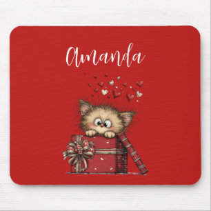 Cute Cartoon Kitten in a Box with Hearts Mouse Mat