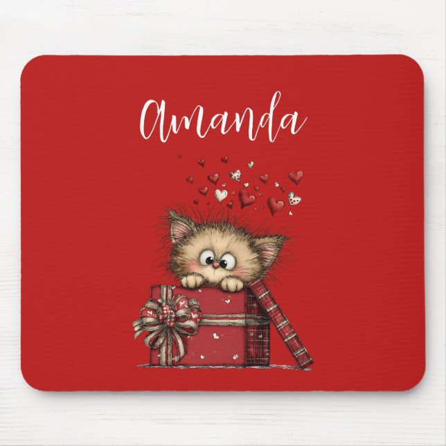 Cute Cartoon Kitten in a Box with Hearts Mouse Mat (Front)