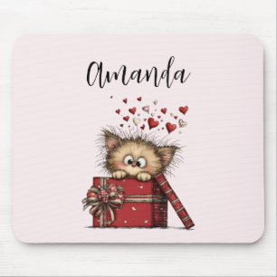 Cute Cartoon Kitten in a Box with Hearts Mouse Mat