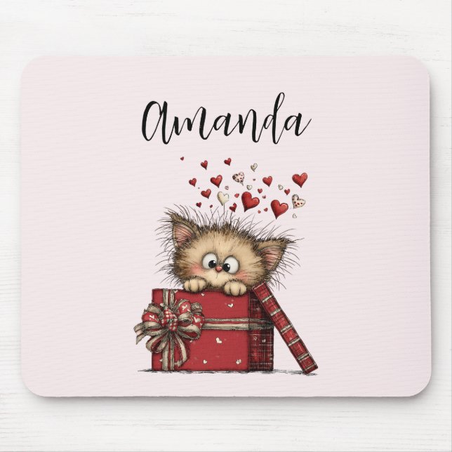 Cute Cartoon Kitten in a Box with Hearts Mouse Mat (Front)