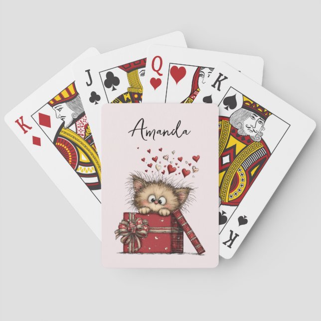 Cute Cartoon Kitten in a Box with Hearts Playing Cards (Back)